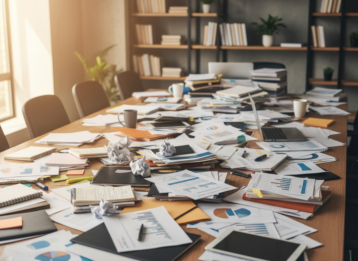 Image for a table filled woth papers.